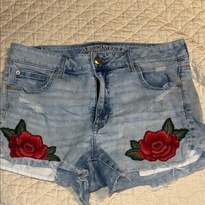 American Eagle Light Blue Denim Shorts with Red Rose Embroidery